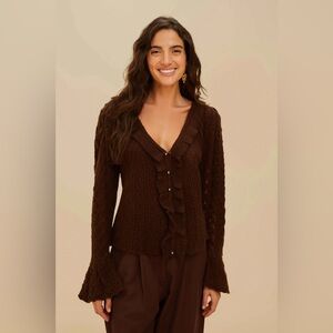 FARM RIO Lace Stitch Knit Ruffles Cardigan